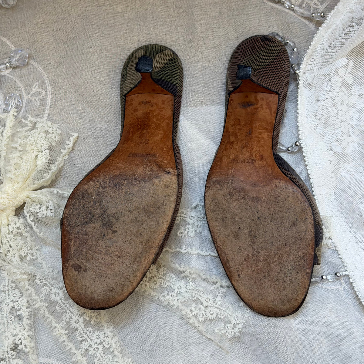 xovintage VINTAGE Christian Dior Camouflage Lizard-Embossed Padlock & Key HEELS - Shoes