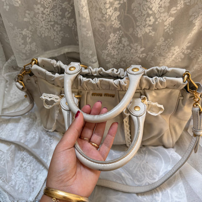 xovintage VINTAGE MIU MIU IVORY LEATHER RUCHED VITELLO BAG - Handbags