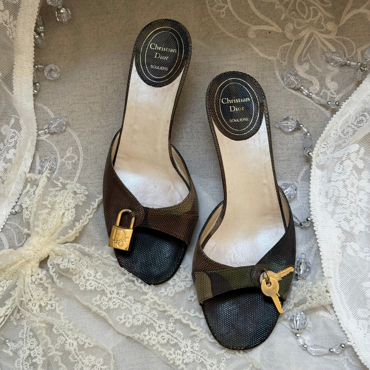 xovintage VINTAGE Christian Dior Camouflage Lizard-Embossed Padlock & Key HEELS - Shoes