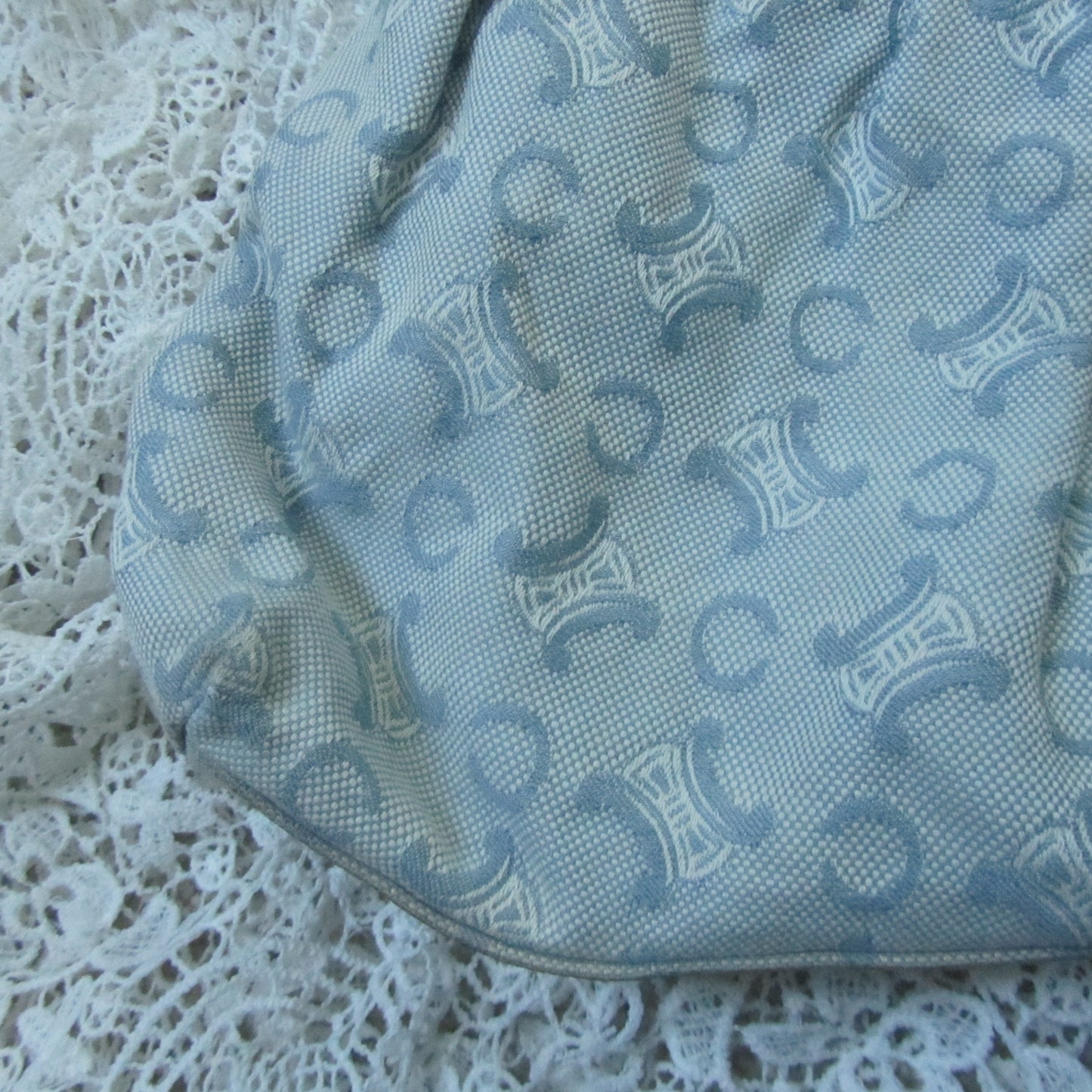the corner of a blue patterned bag on a lace background