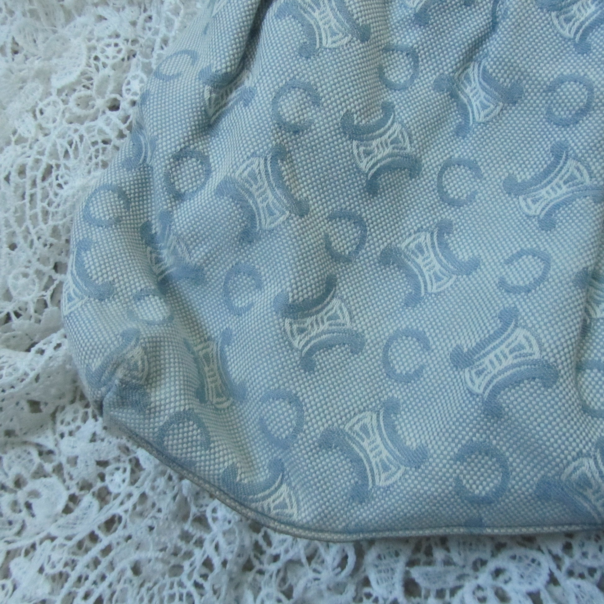 the corner of a blue patterned bag on a lace background