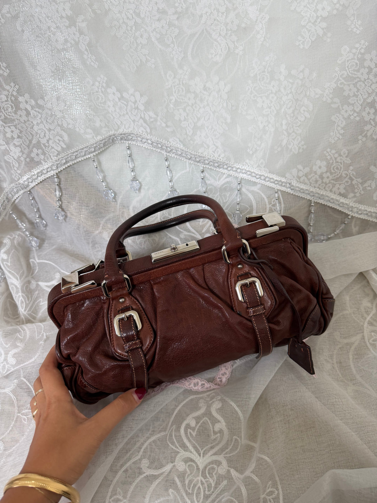 xovintage Prada Chocolate Brown Vintage Leather Frame Satchel - Handbags