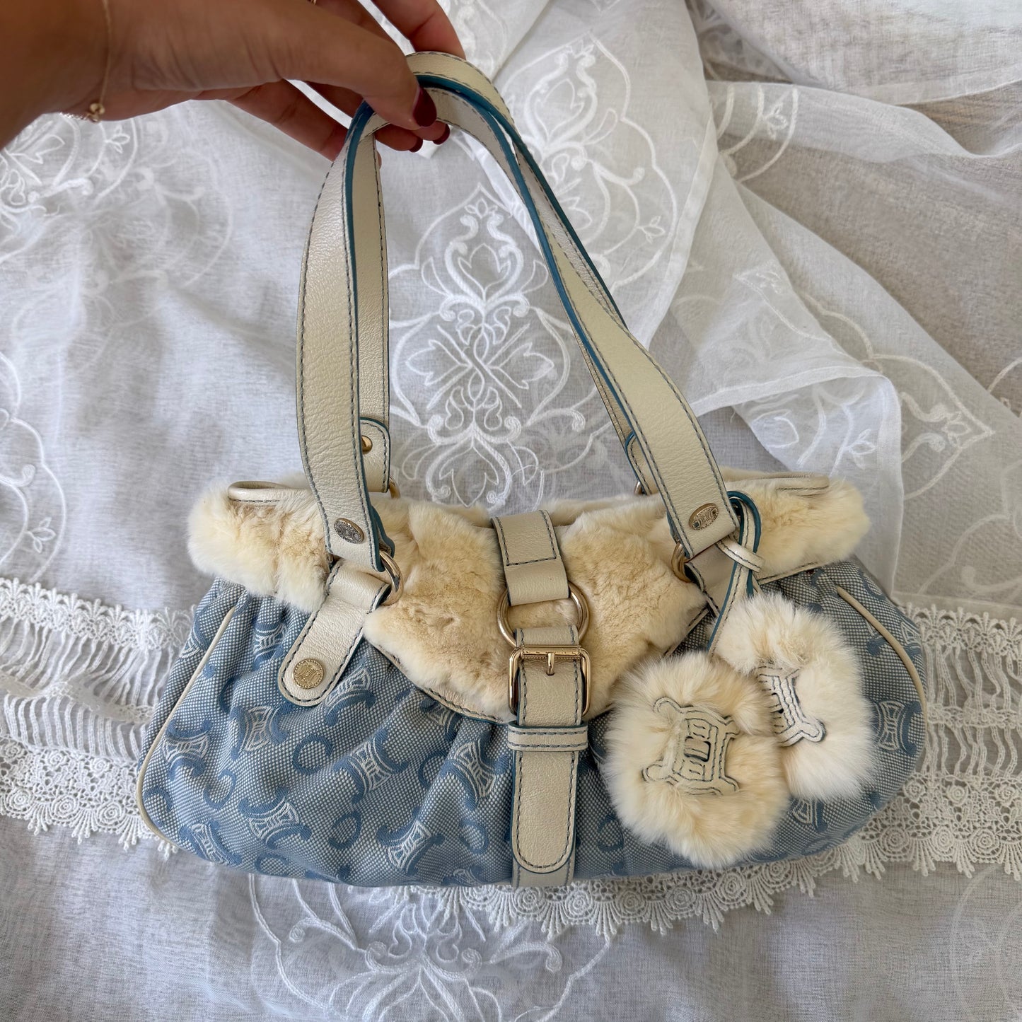 xovintage celine rare vintage fur-detailed lily c pompom blue bag - Handbags
