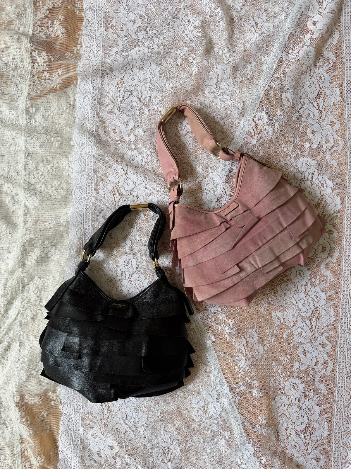 xovintage YVES SAINT LAURENT VINTAGE TIERED RUFFLE SUEDE ST. TROPEZ MOMBASA SHOULDER BAG IN DUSTY PINK - Handbags