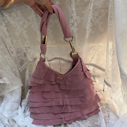 YVES SAINT LAURENT RIVE GAUCHE (TOM FORD ERA) VINTAGE PINK SUEDE SAINT-TROPEZ TIERED RUFFLE BAG