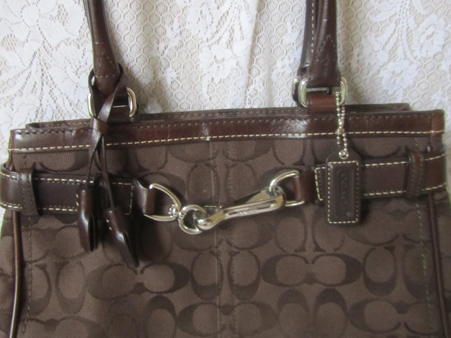 Brown leather handbag with visible brand logo on a textured white background