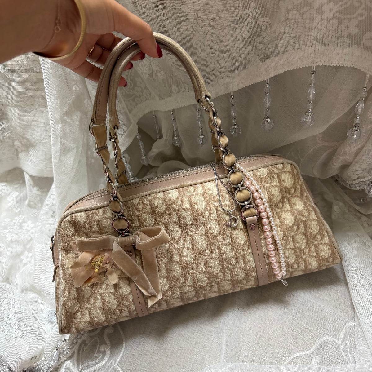 xovintage VINTAGE Dior Romantique Trotter Shoulder Bag with Floral Bow Detail - Handbags