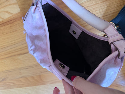 xovintage VINTAGE YVES SAINT LAURENT RARE TIERED RUFFLE SUEDE ST. TROPEZ MOMBASA SHOULDER BAG IN DUSTY PINK - Handbags