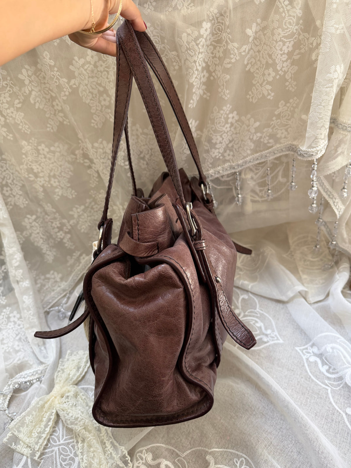 Miu Miu Vintage Chocolate Brown Vitello Lux Bow Shoulder Bag