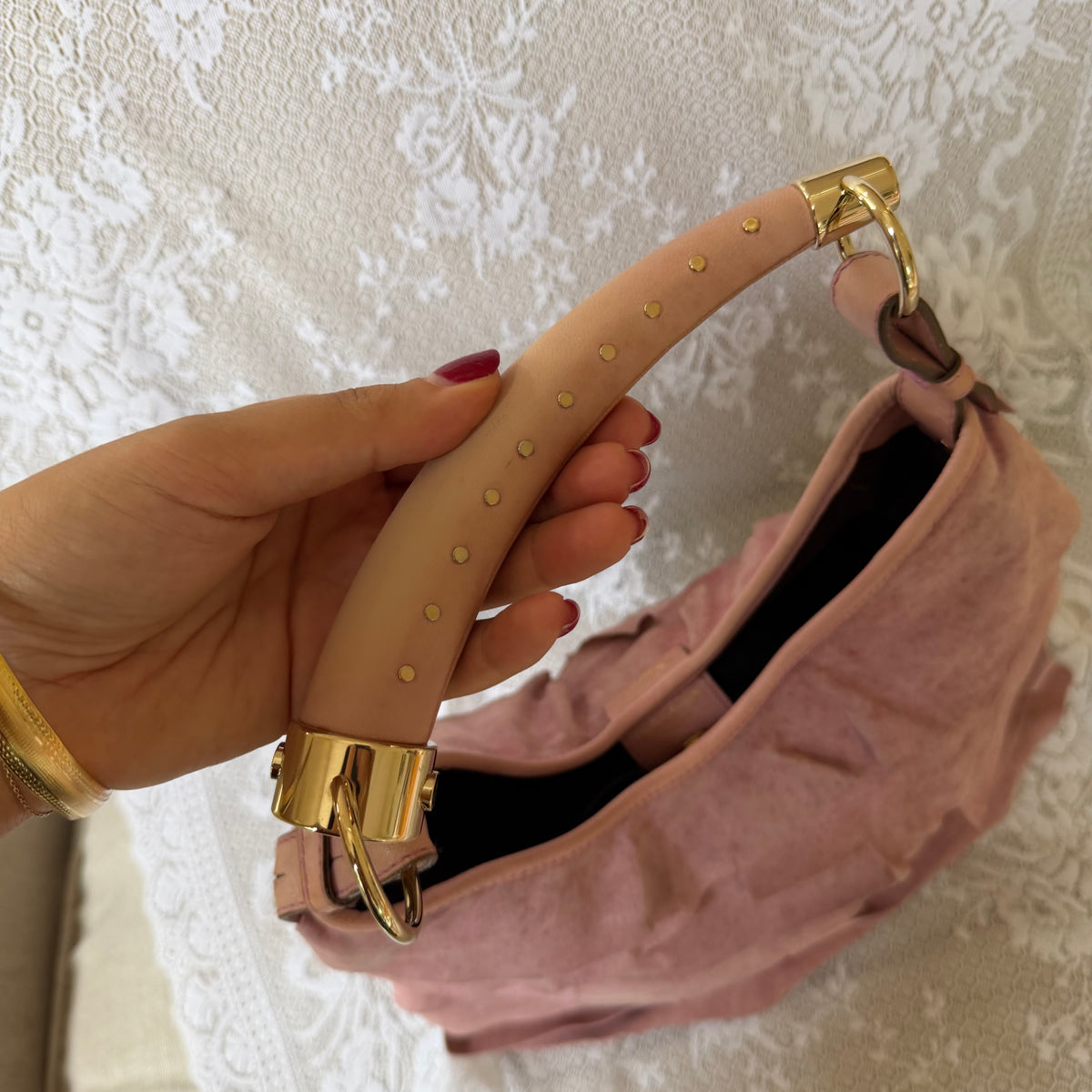 xovintage VINTAGE YVES SAINT LAURENT RARE TIERED RUFFLE SUEDE ST. TROPEZ MOMBASA SHOULDER BAG IN DUSTY PINK - Handbags