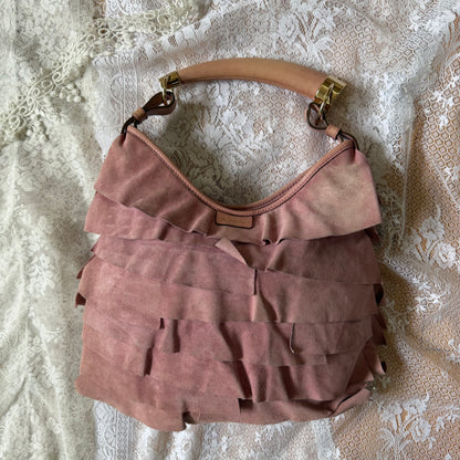 xovintage VINTAGE YVES SAINT LAURENT RARE TIERED RUFFLE SUEDE ST. TROPEZ MOMBASA SHOULDER BAG IN DUSTY PINK - Handbags
