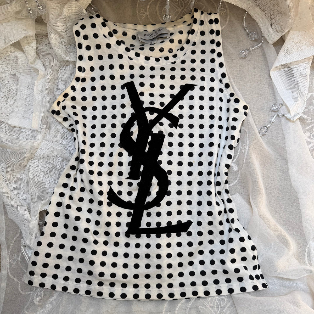 xovintage yves saint laurent rive gauche b&w polkadot vintage top - Handbags