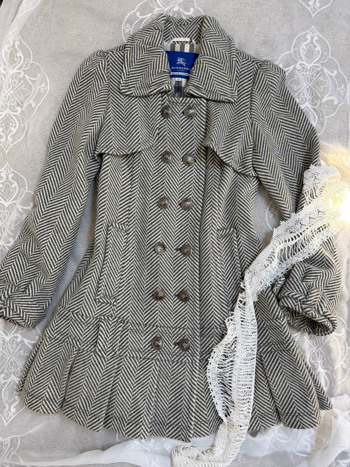 xovintage burberry blue label vintage pleated flirty dress coat w herringbone detail (S, 38) - Overcoats