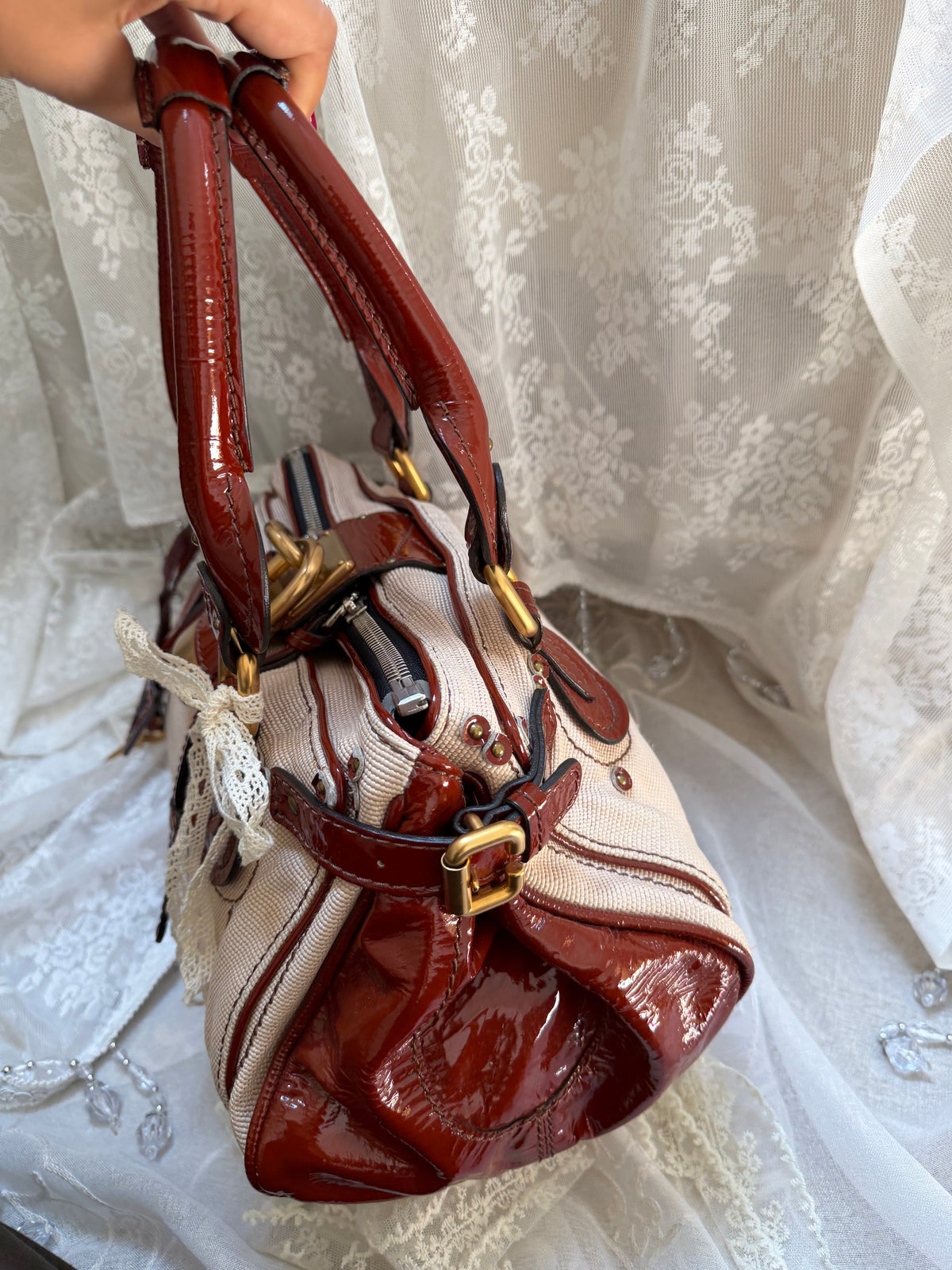 xovintage VINTAGE CHLOE PADDINGTON BAG IN BEIGE CANVAS X PATENT LEATHER - Handbags