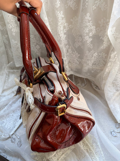 xovintage VINTAGE CHLOE PADDINGTON BAG IN BEIGE CANVAS X PATENT LEATHER - Handbags