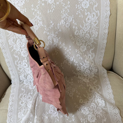 xovintage VINTAGE YVES SAINT LAURENT RARE TIERED RUFFLE SUEDE ST. TROPEZ MOMBASA SHOULDER BAG IN DUSTY PINK - Handbags