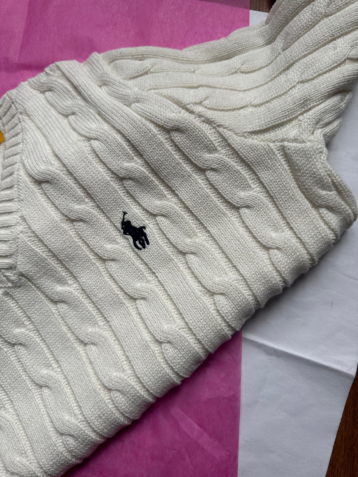 Ralph Lauren White Cable Knit V-Neck Sweater