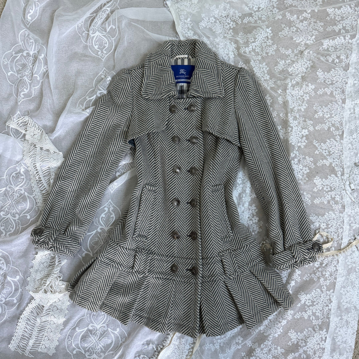 xovintage burberry blue label vintage pleated flirty dress coat w herringbone detail (S, 38) - Overcoats
