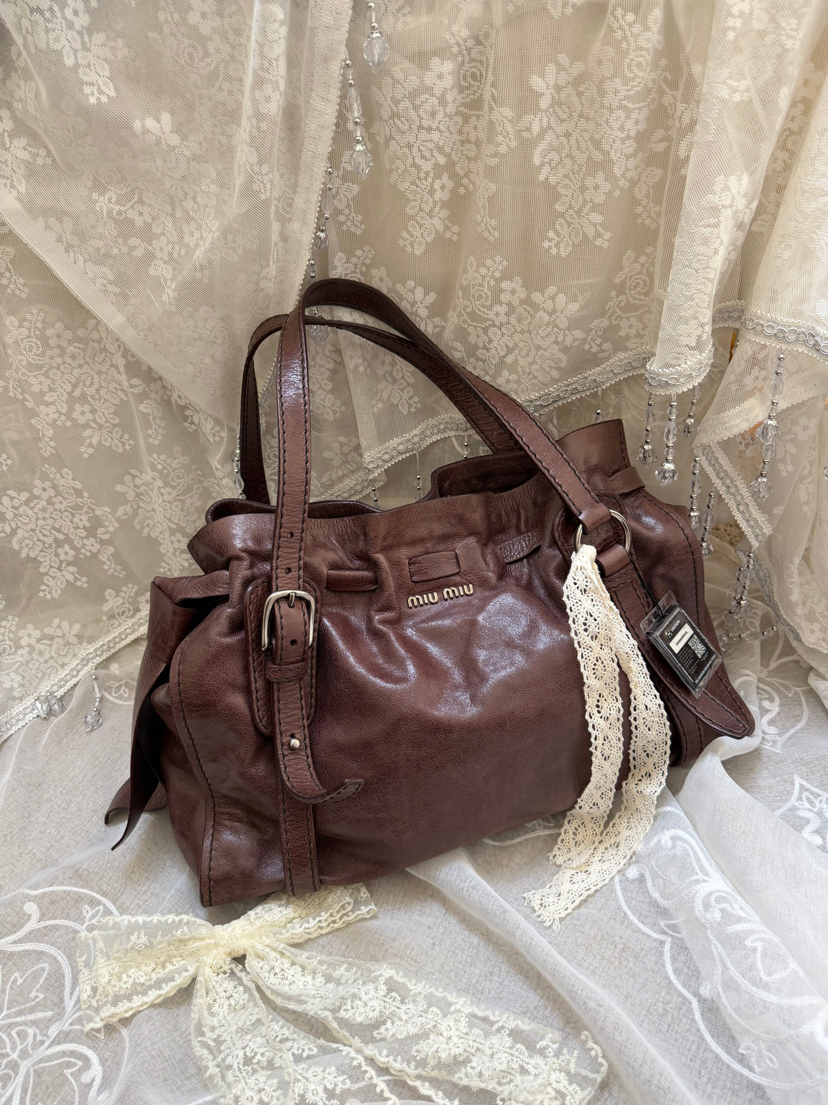 Miu Miu Vintage Chocolate Brown Vitello Lux Bow Shoulder Bag