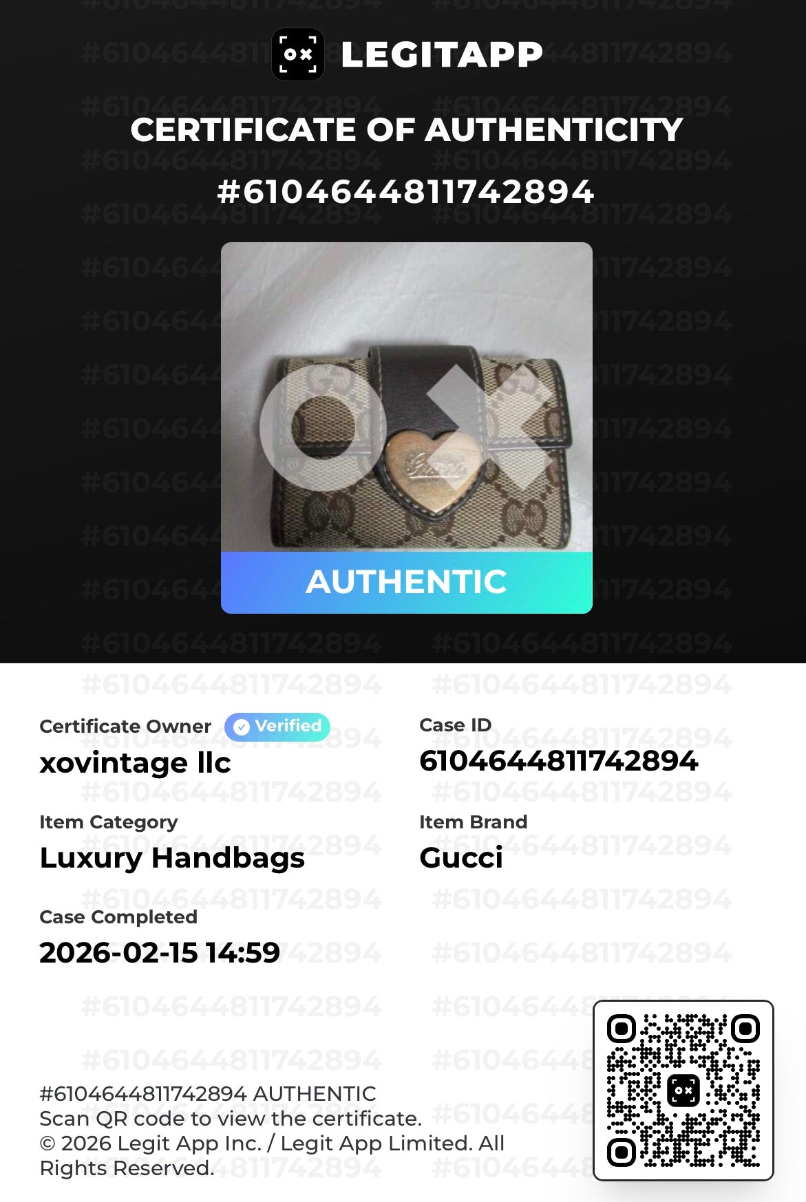 LegitAPP certificate of authenticity for a Gucci luxury handbag with an 'Authentic' label.