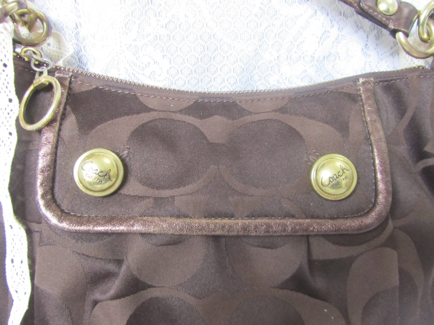 Close-up of a brown handbag with gold accents on a white background