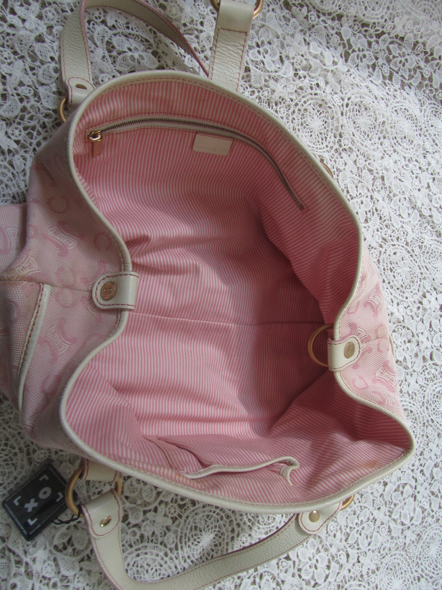 pink striped interior of a celine bag