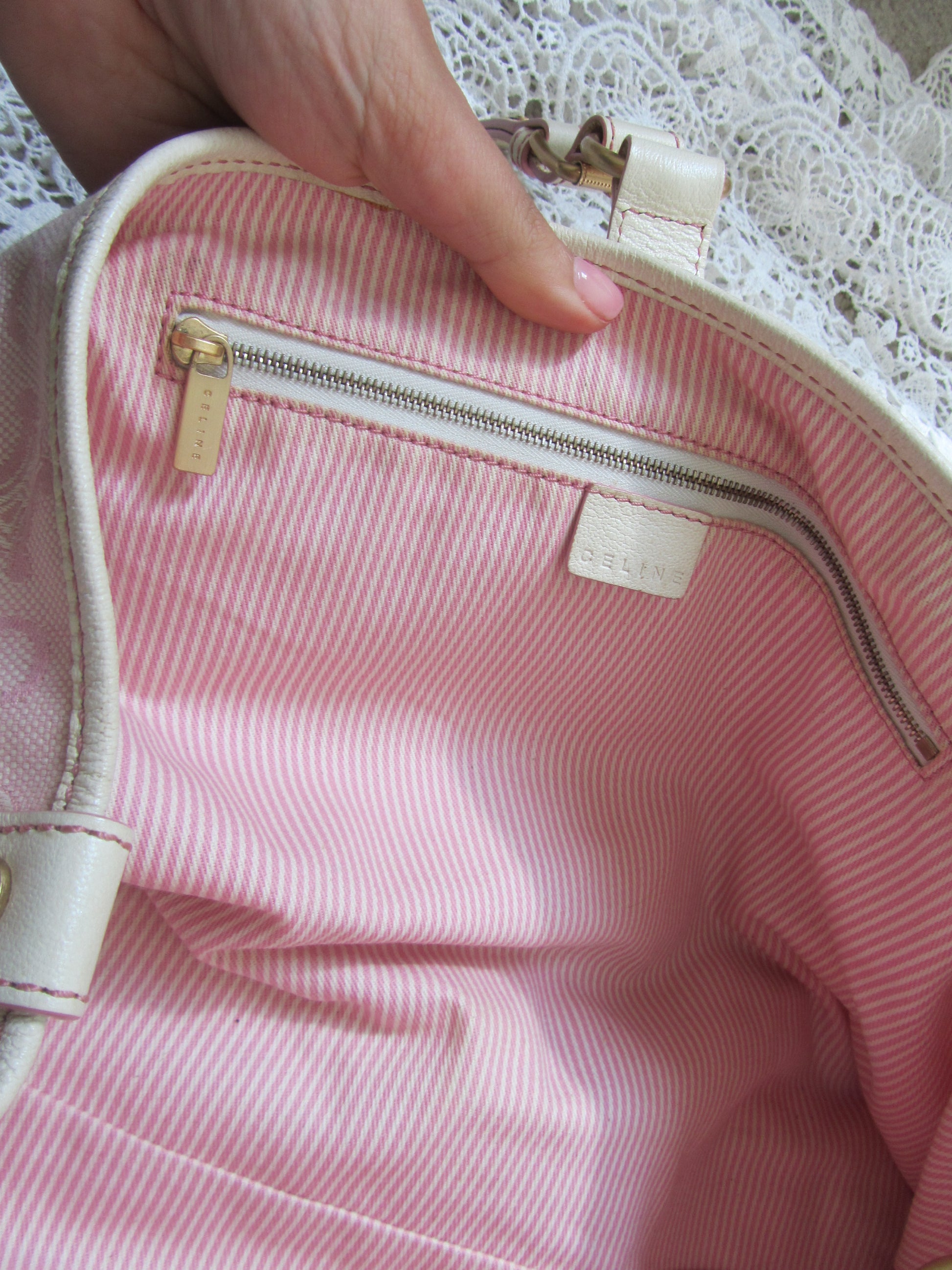 pink striped interior of a celine bag