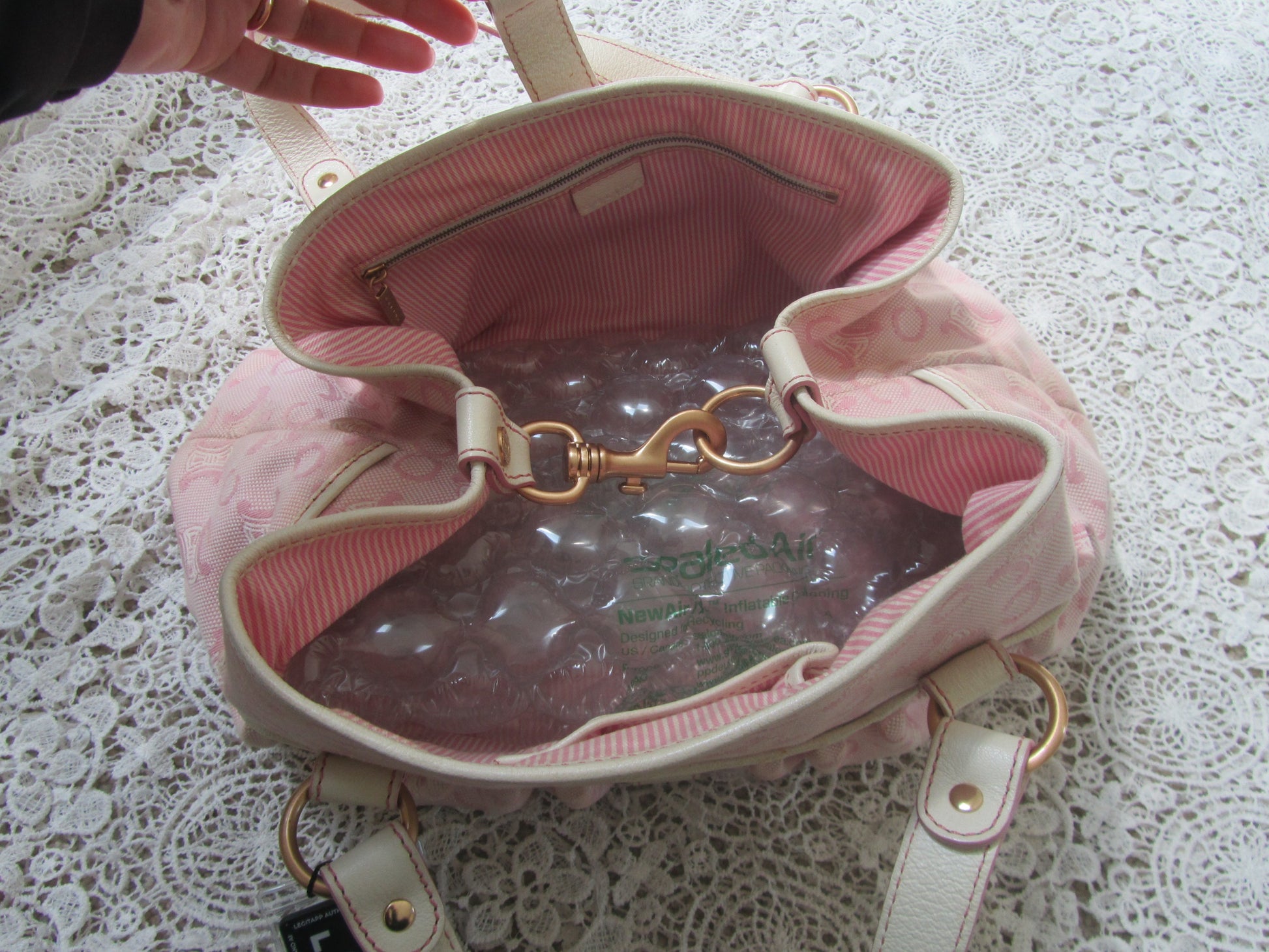 pink striped interior of a celine bag with a golden buckle