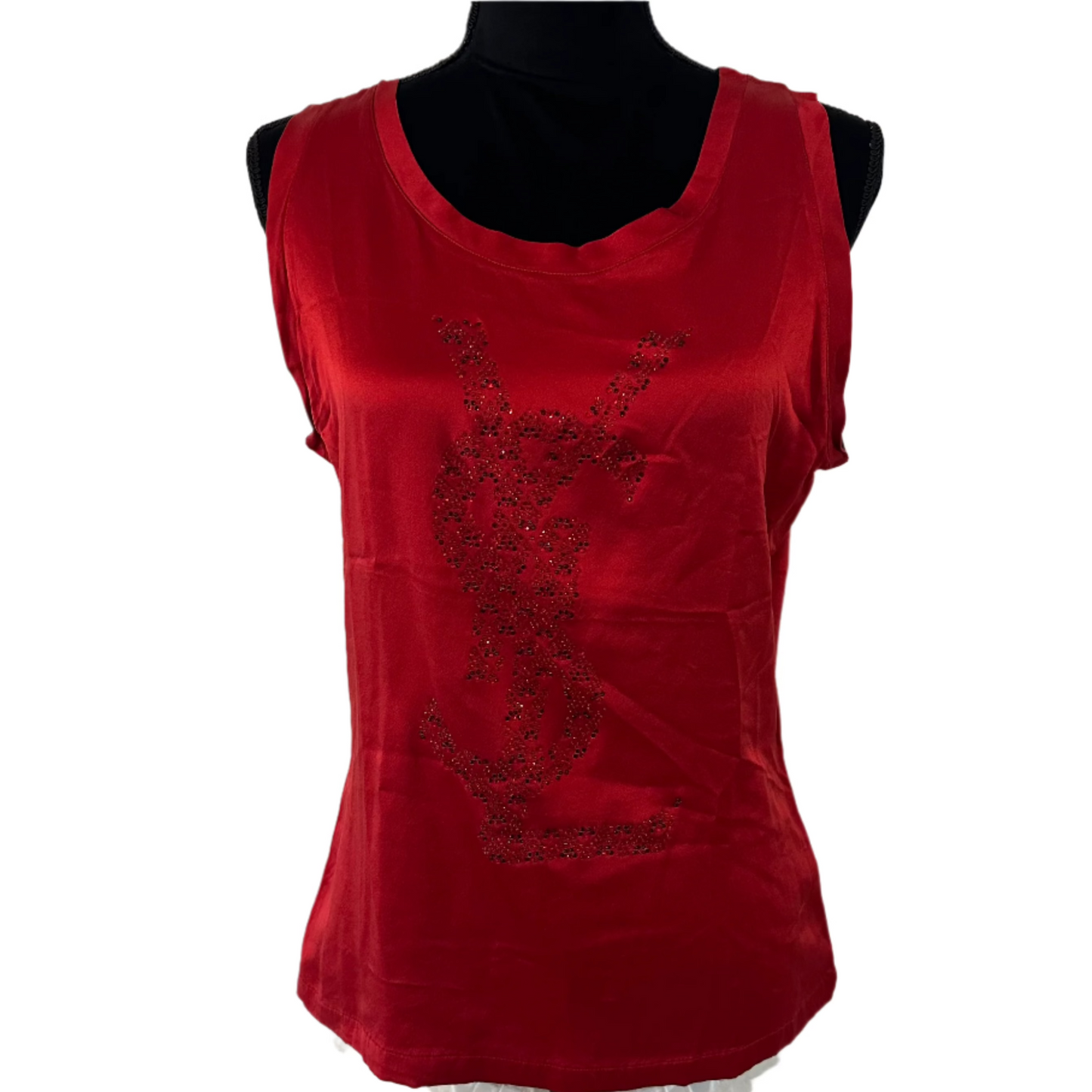 Yves Saint Laurent Rive Gauche 100% Silk Red Logo Sequin Top