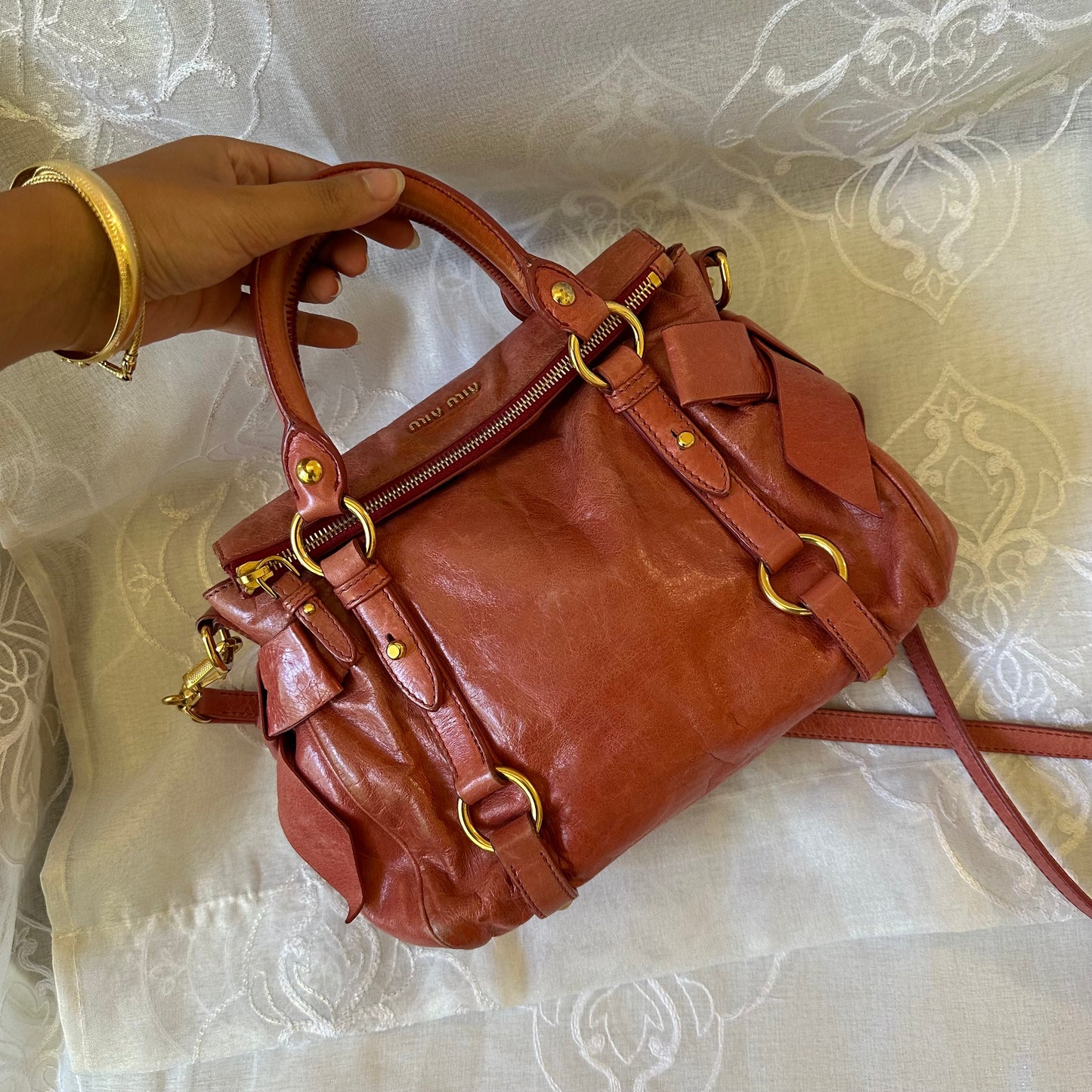 miu miu rose pink vitello mini bow bag