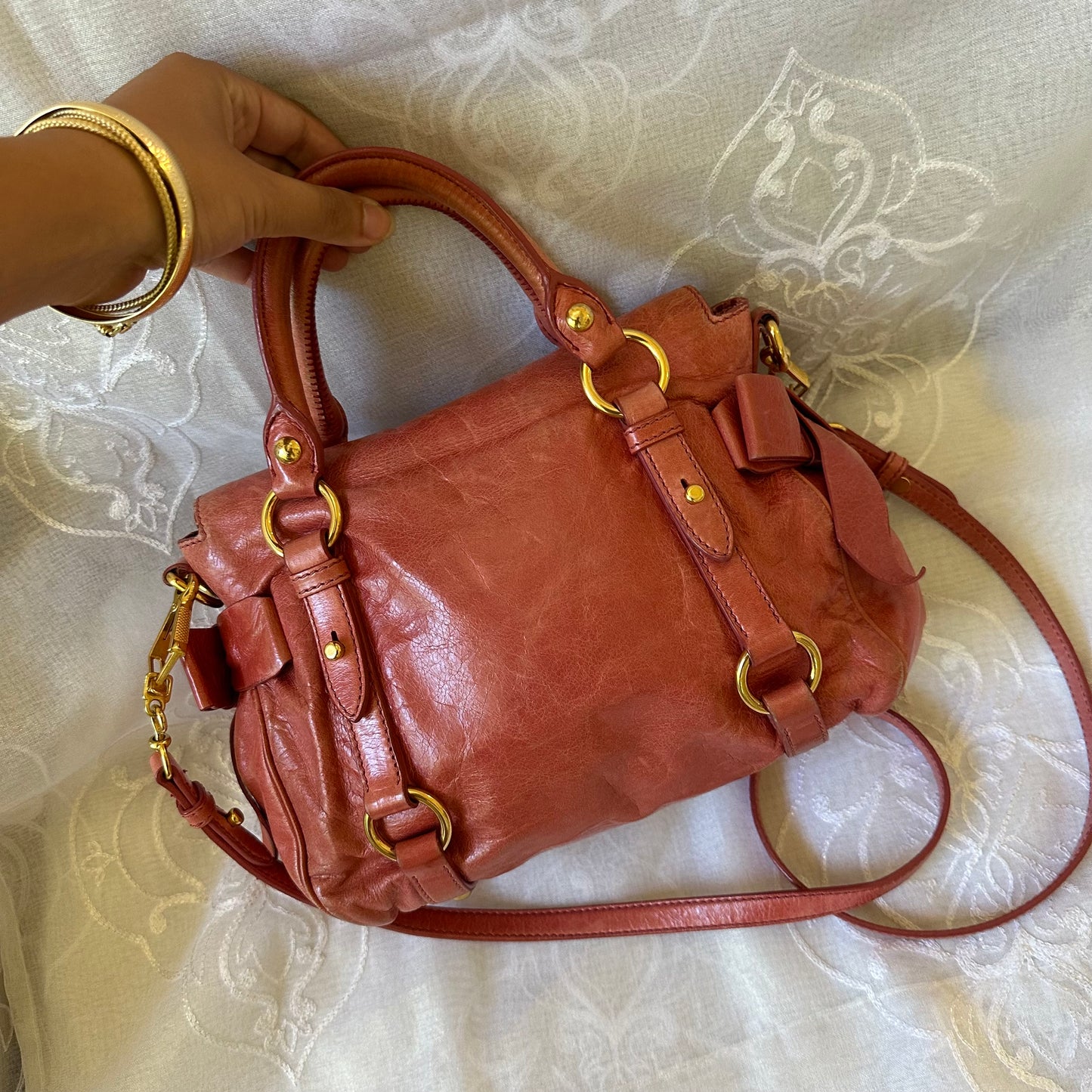 miu miu rose pink vitello mini bow bag