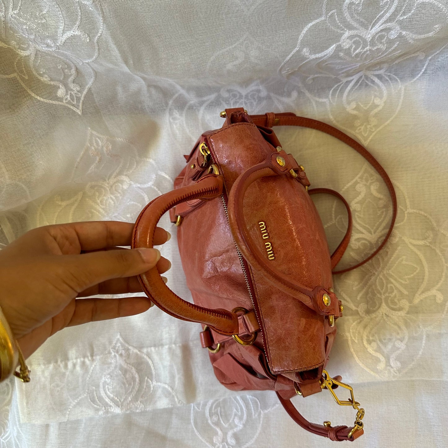 miu miu rose pink vitello mini bow bag