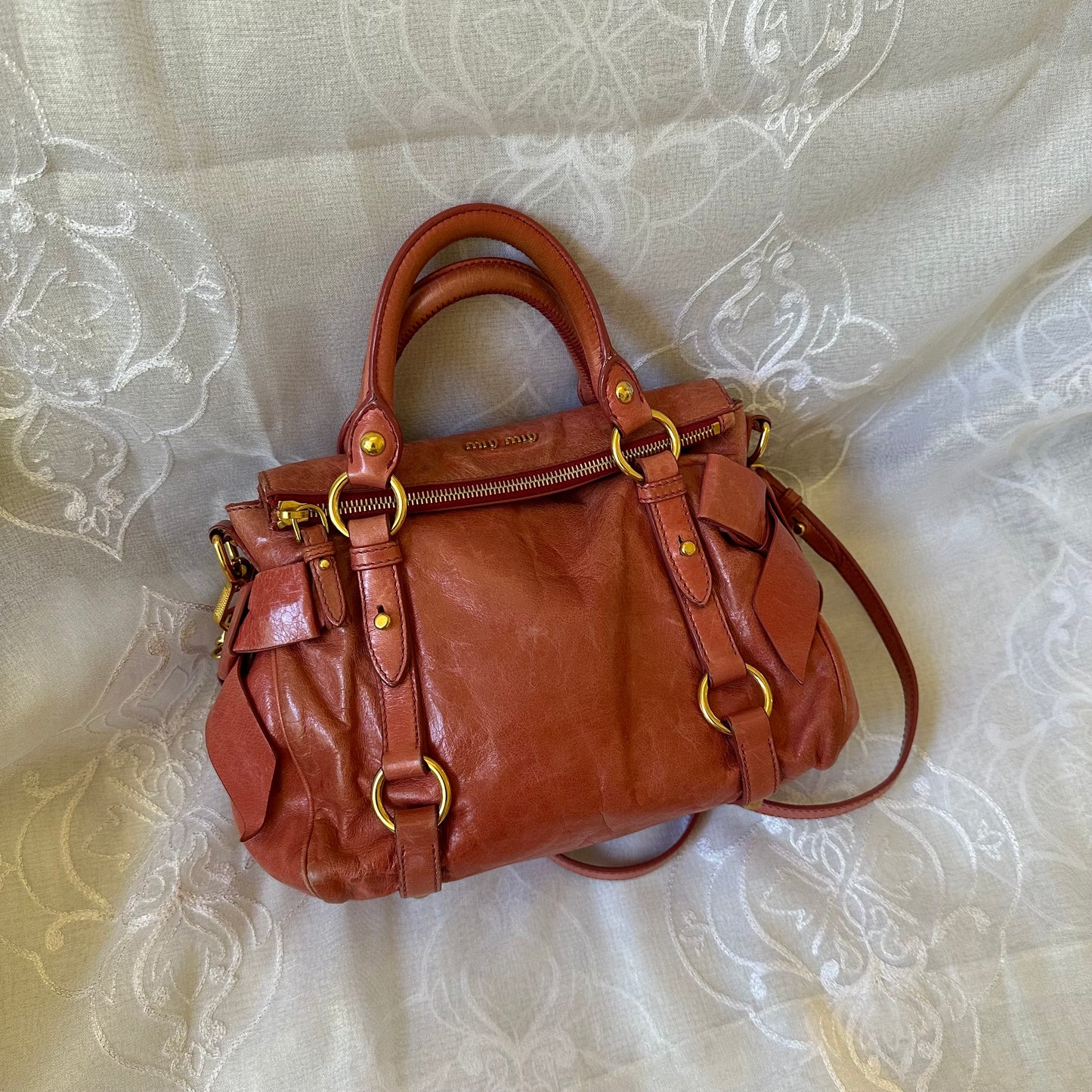 miu miu rose pink vitello mini bow bag