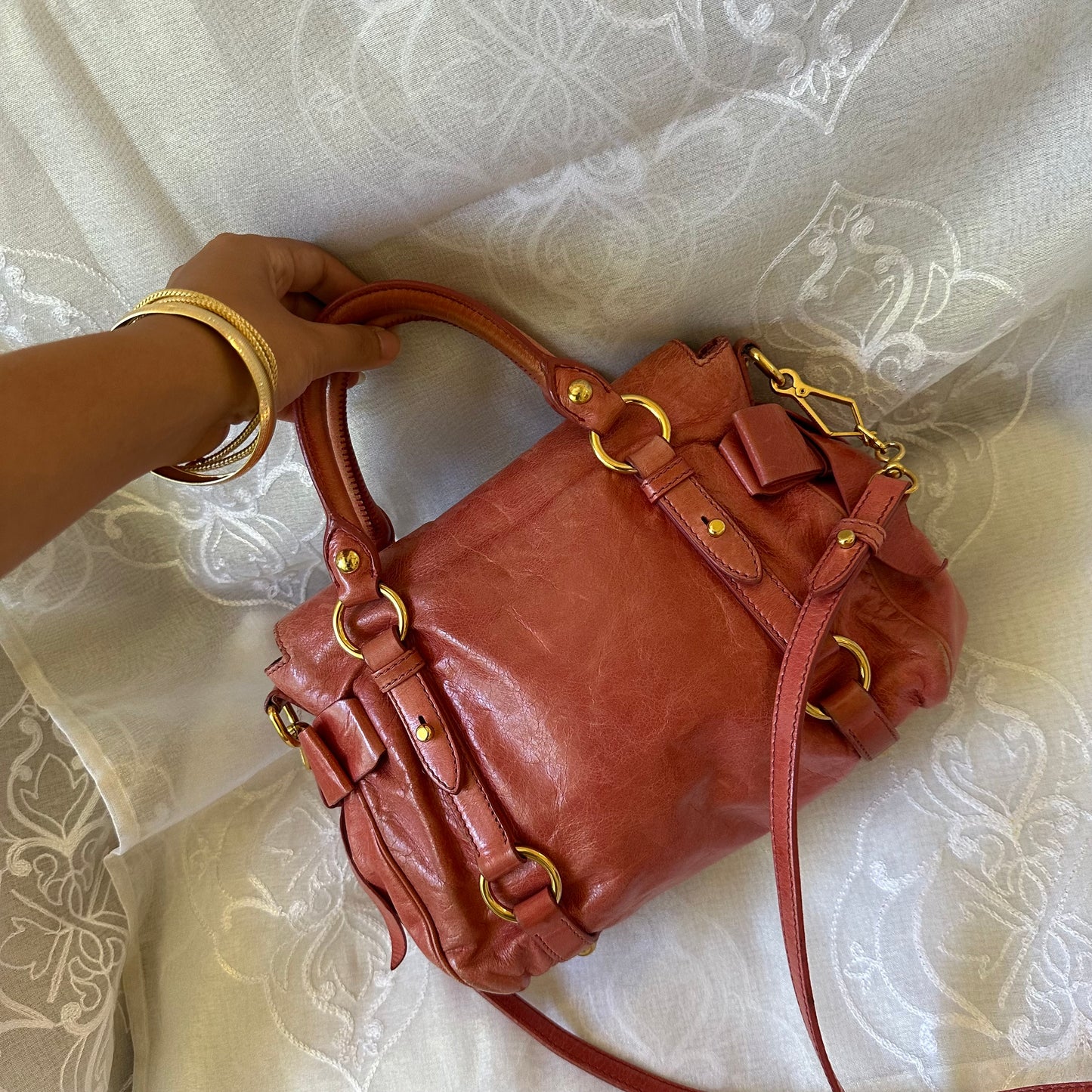 miu miu rose pink vitello mini bow bag