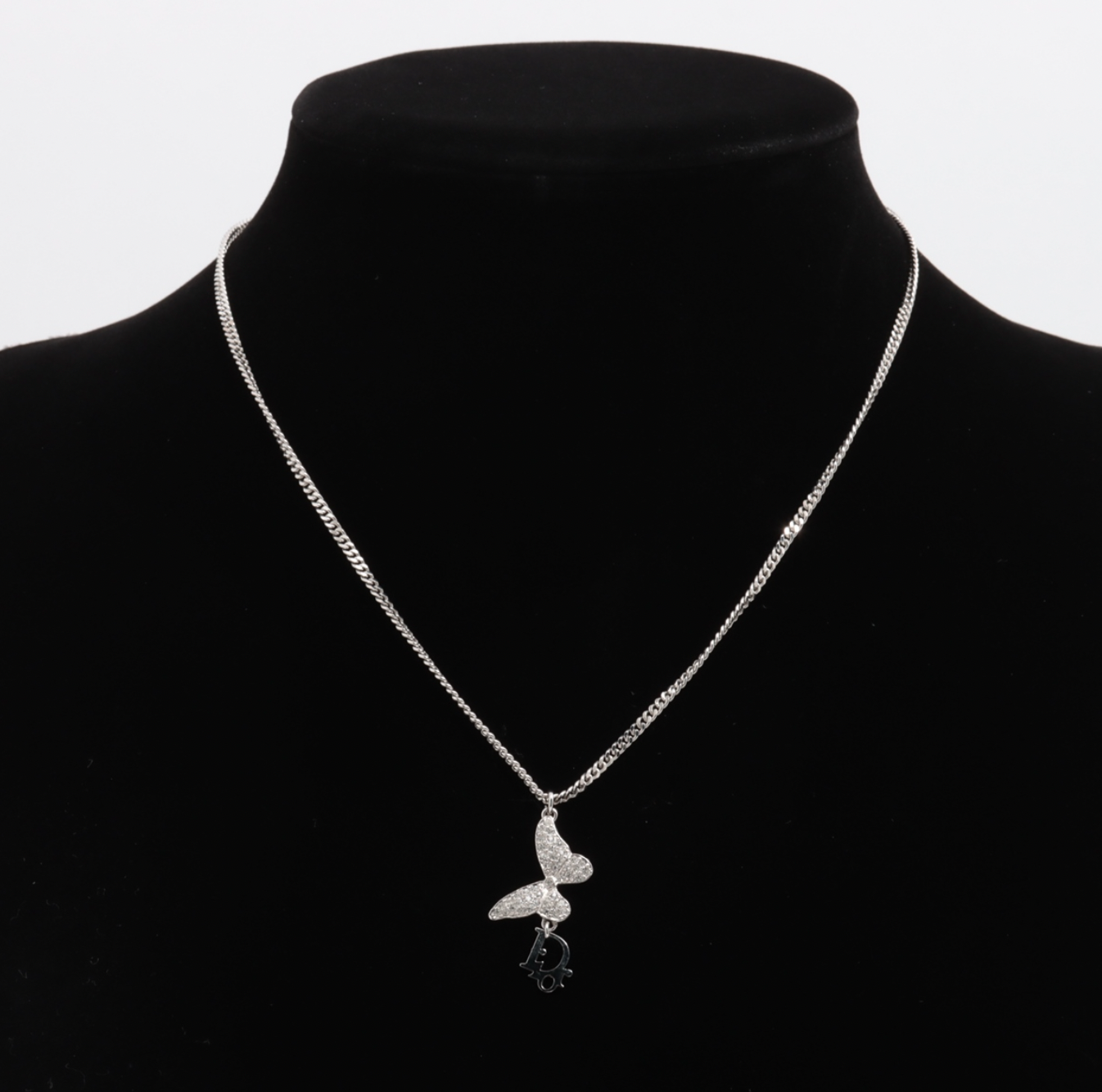 christian dior silver tone butterfly motif necklace