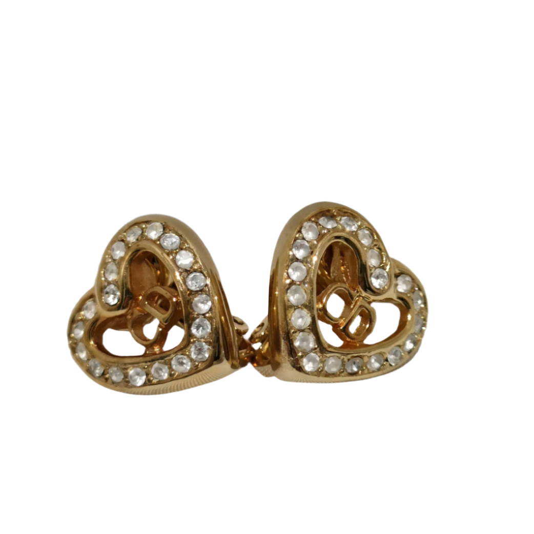 dior gold rhinestone heart shaped clip on earrings