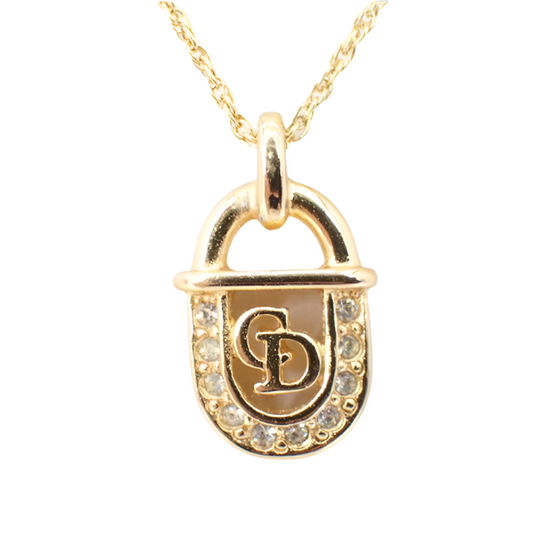 christian dior logo rhinestone padlock necklace