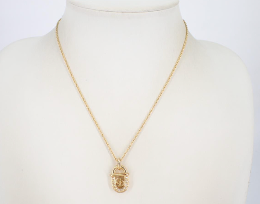 christian dior logo rhinestone padlock necklace