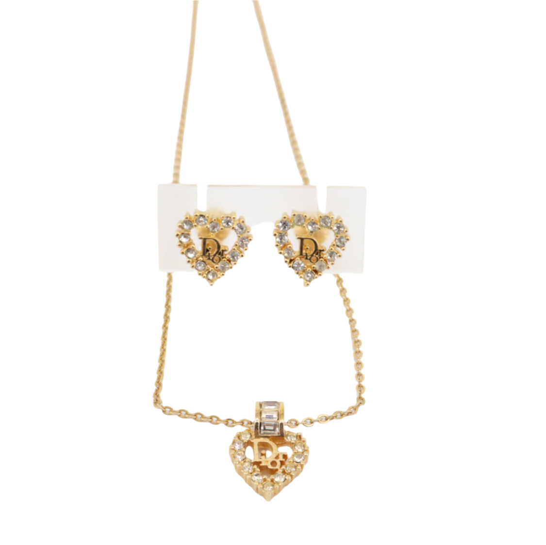 christian dior rhinestone heart earrings & necklace two-piece set