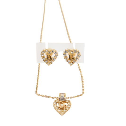 christian dior rhinestone heart earrings & necklace two-piece set