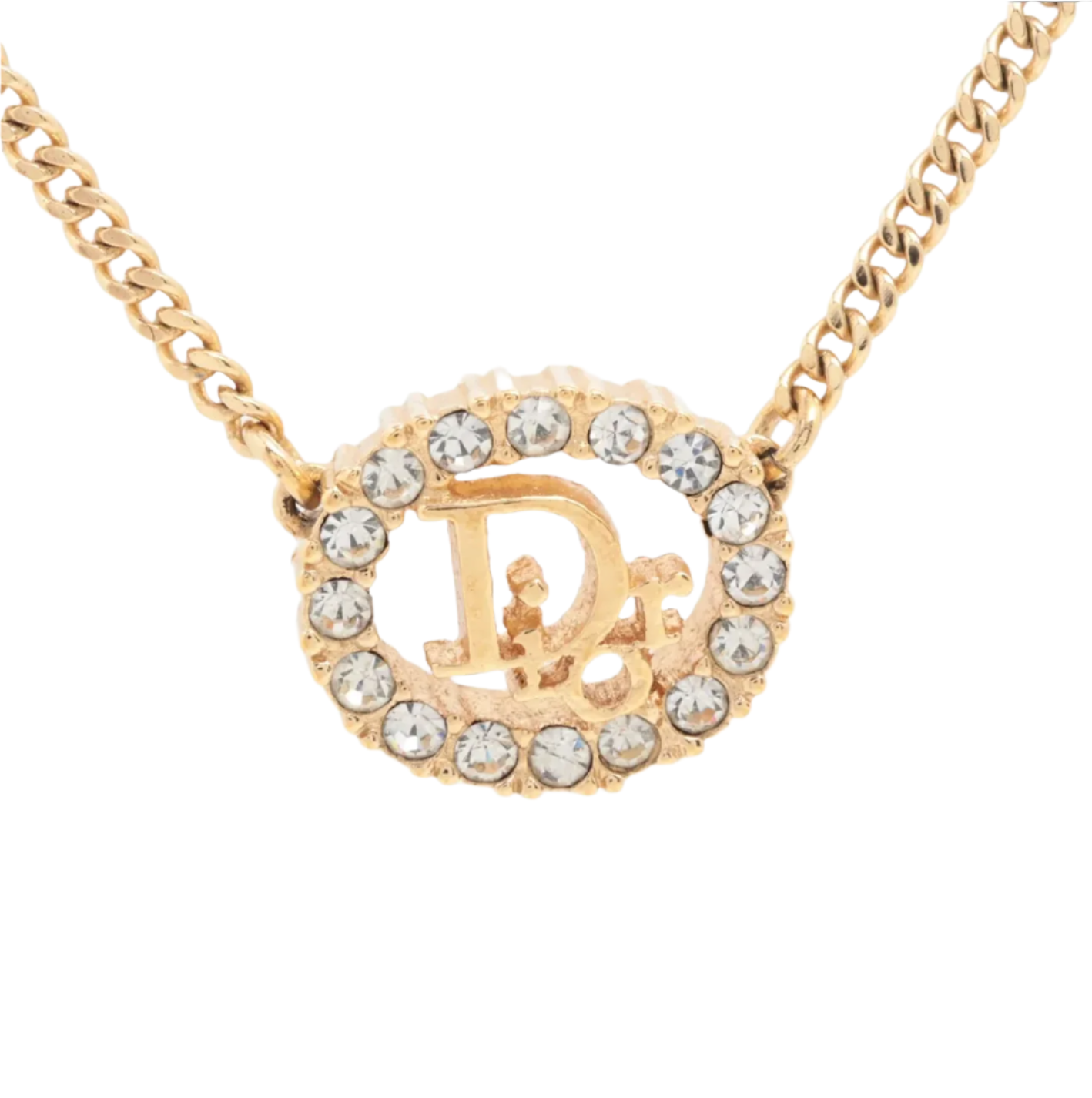 christian dior rhinestone logo oval necklace