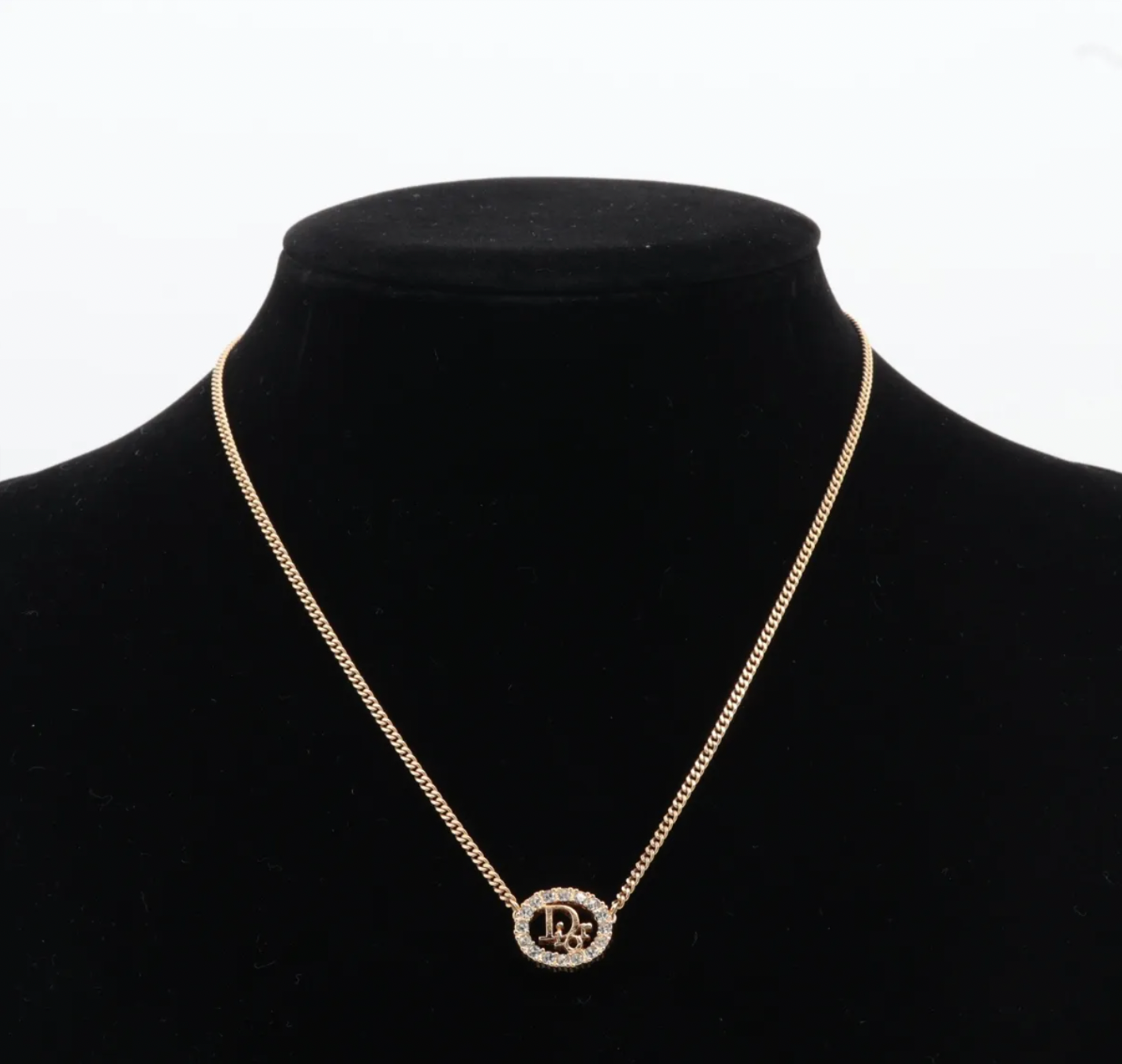 christian dior rhinestone logo oval necklace