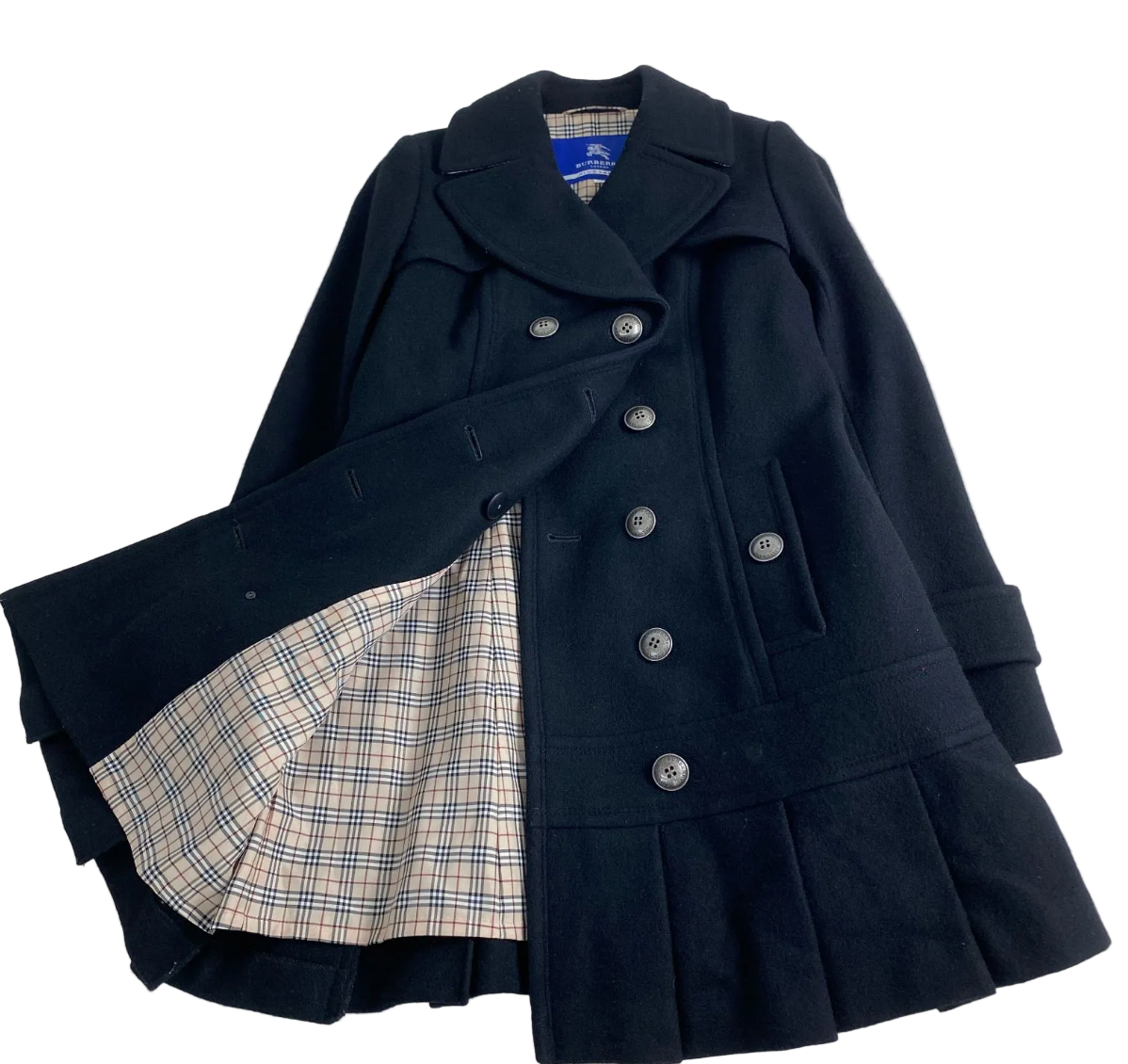 burberry blue label black wool flirty pleated coat