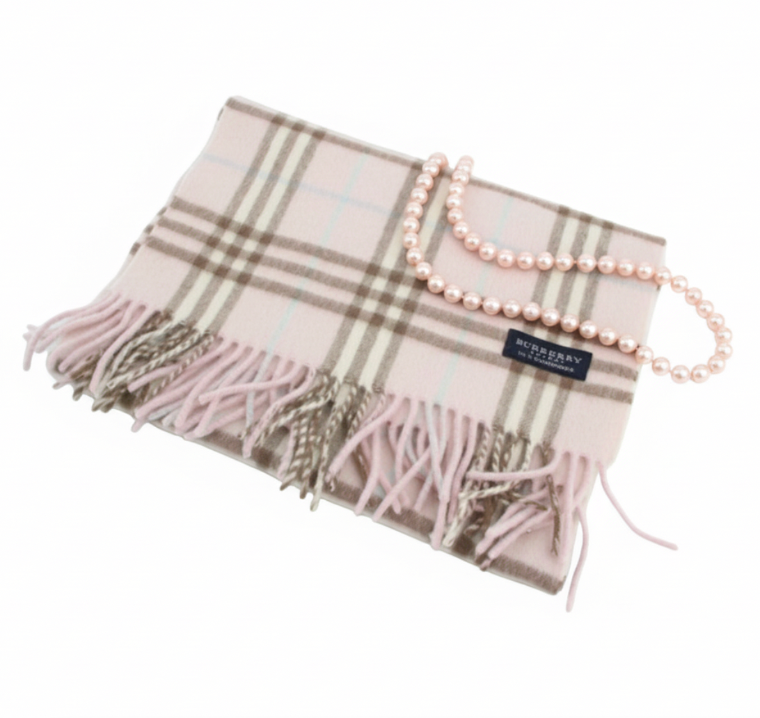 Burberry 100% Cashmere Pink Vintage Plaid Scarf