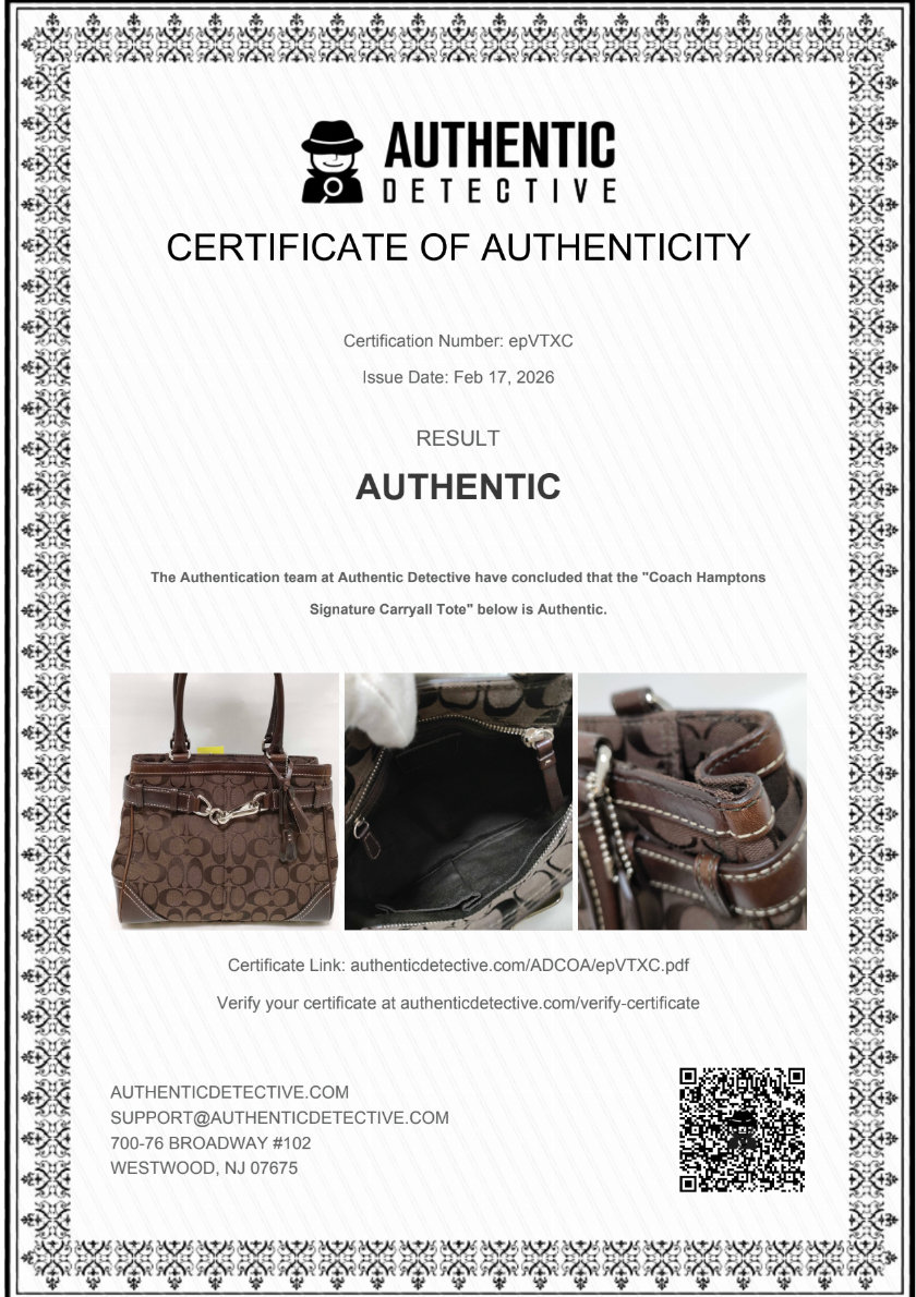 Certificate of Authenticity for a Coach handbag with decorative border