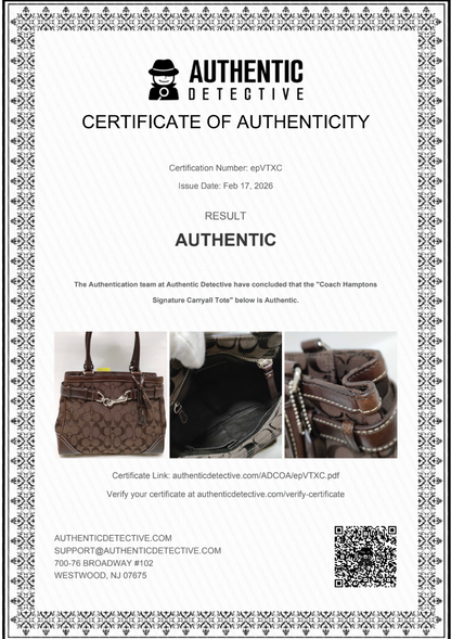 Certificate of Authenticity for a Coach handbag with decorative border