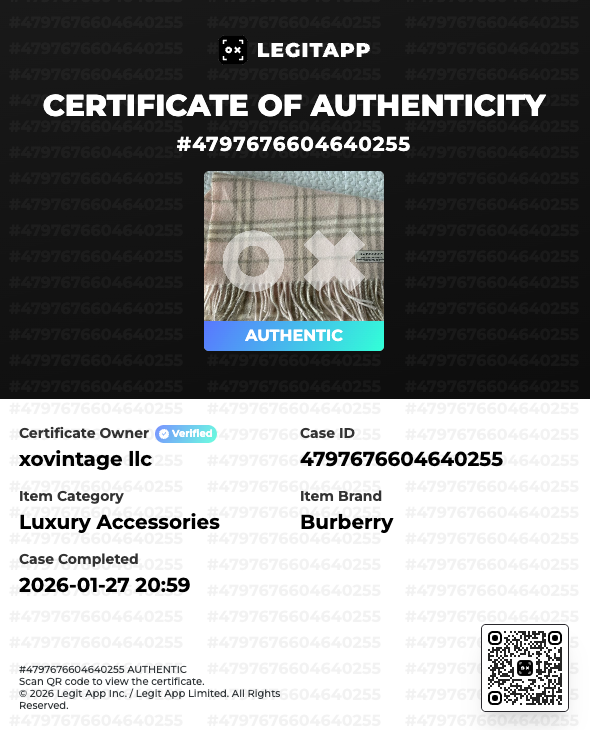 LegitApp certificate of authenticity for a Burberry item with an image of a checkered bag.