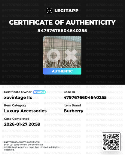 LegitApp certificate of authenticity for a Burberry item with an image of a checkered bag.