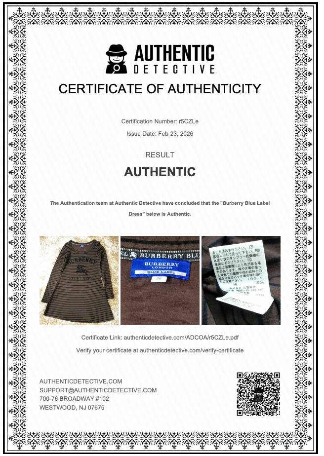 Certificate of Authenticity for a Burberry item with product images and certification details.