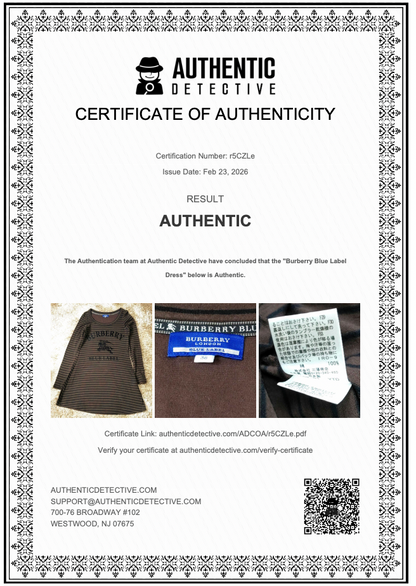 Certificate of Authenticity for a Burberry item with product images and certification details.